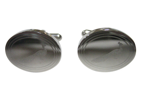 Silver Toned Oval Etched Peacock Bird Cufflinks