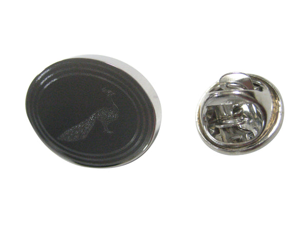 Silver Toned Oval Etched Peacock Bird Lapel Pin