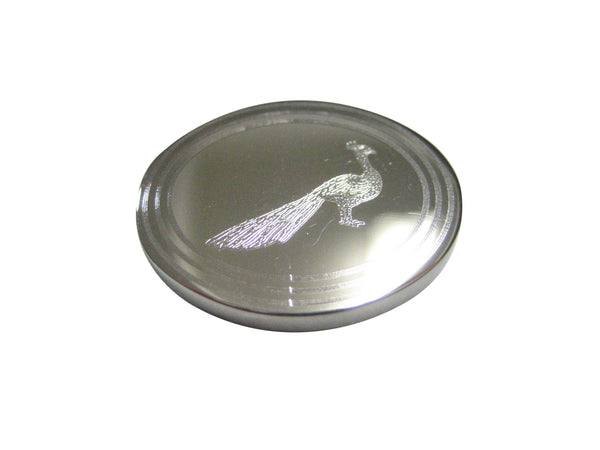 Silver Toned Oval Etched Peacock Bird Magnet