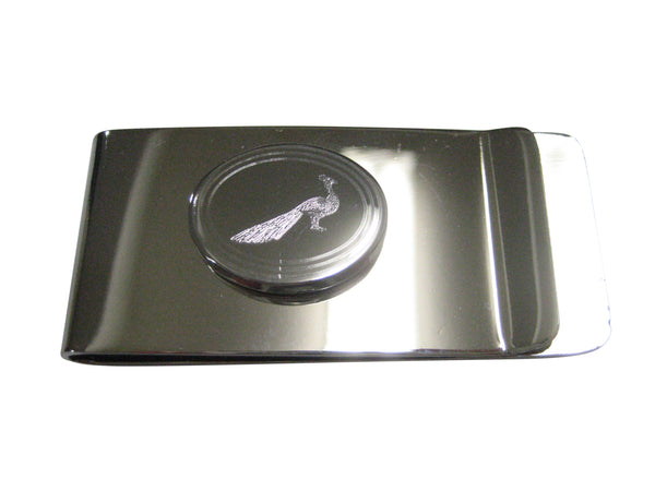 Silver Toned Oval Etched Peacock Bird Money Clip