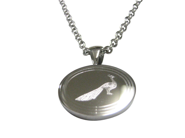 Silver Toned Oval Etched Peacock Bird Pendant Necklace