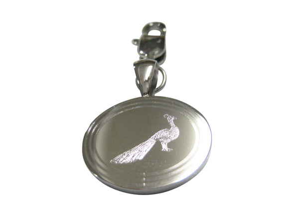 Silver Toned Oval Etched Peacock Bird Pendant Zipper Pull Charm