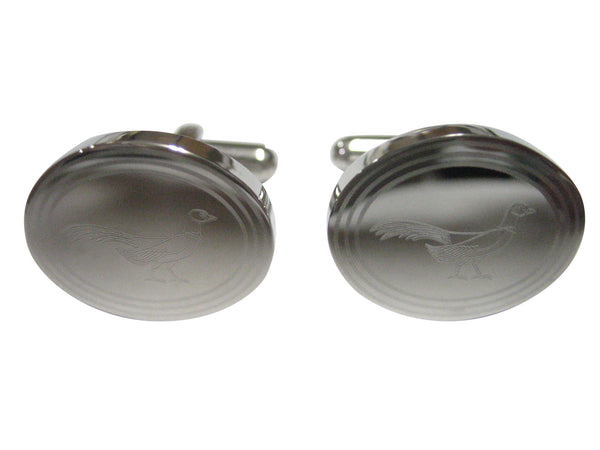 Silver Toned Oval Etched Pheasant Bird Cufflinks