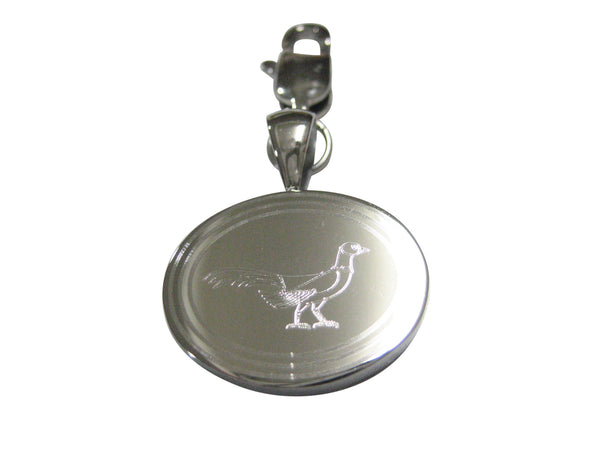 Silver Toned Oval Etched Pheasant Bird Pendant Zipper Pull Charm