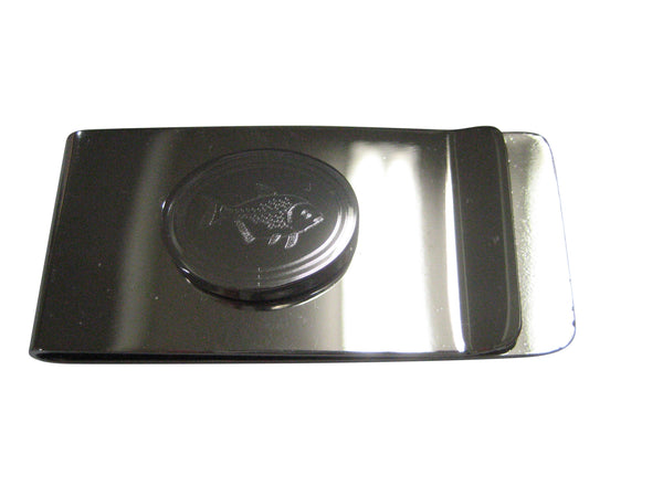 Silver Toned Oval Etched Piranha Pirana Fish Money Clip