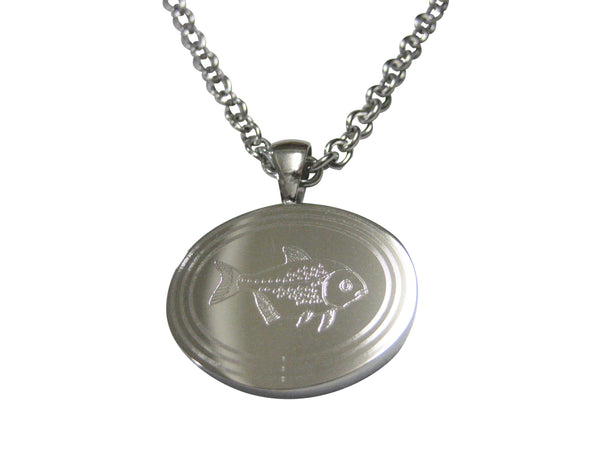 Silver Toned Oval Etched Piranha Pirana Fish Pendant Necklace