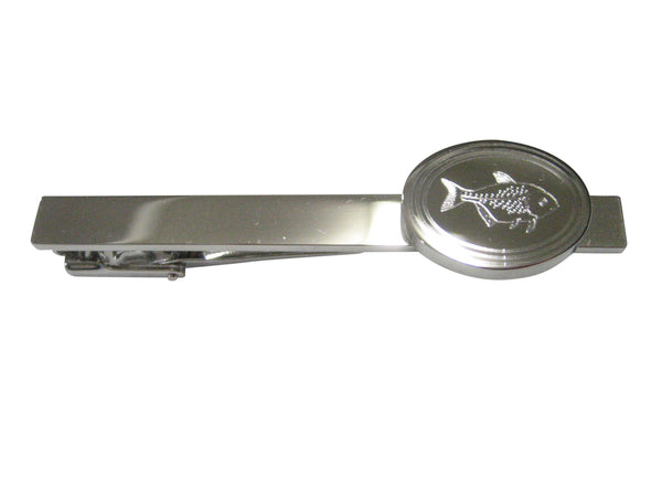 Silver Toned Oval Etched Piranha Pirana Fish Tie Clip