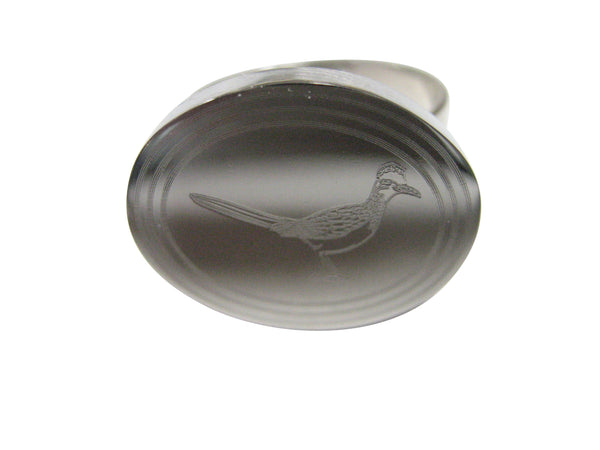 Silver Toned Oval Etched Roadrunner Bird Adjustable Size Fashion Ring