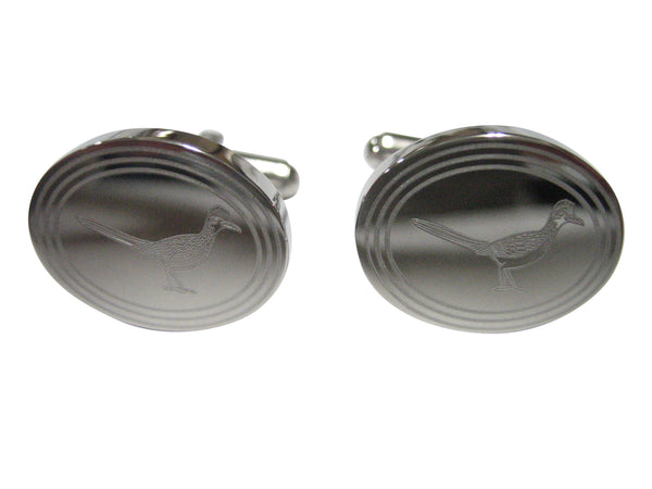 Silver Toned Oval Etched Roadrunner Bird Cufflinks