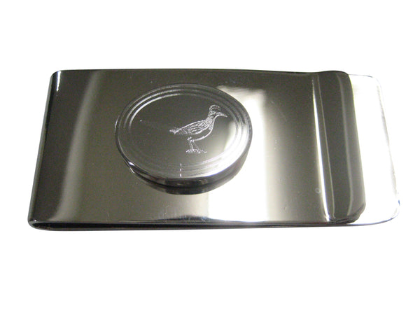 Silver Toned Oval Etched Roadrunner Bird Money Clip