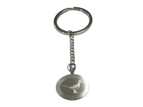 Silver Toned Oval Etched Roadrunner Bird Pendant Keychain