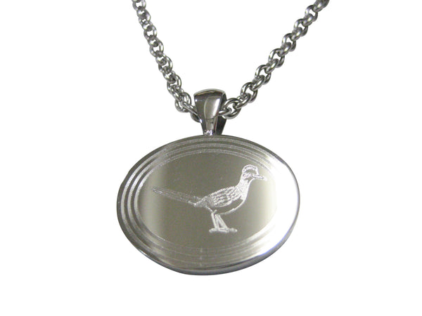 Silver Toned Oval Etched Roadrunner Bird Pendant Necklace