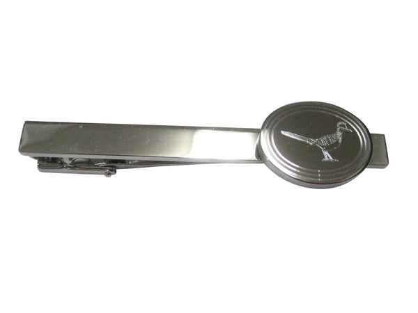 Silver Toned Oval Etched Roadrunner Bird Tie Clip