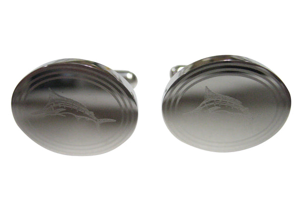 Silver Toned Oval Etched Sailfish Marlin Fish Cufflinks