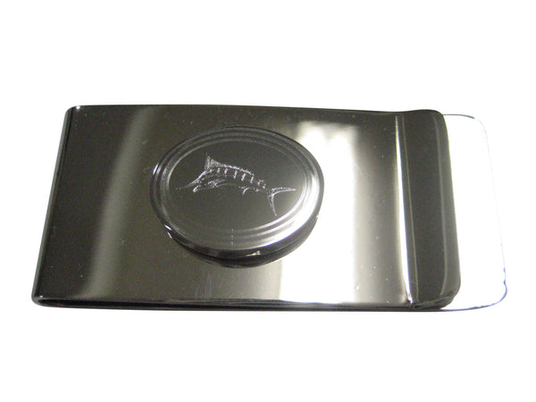 Silver Toned Oval Etched Sailfish Marlin Fish Money Clip