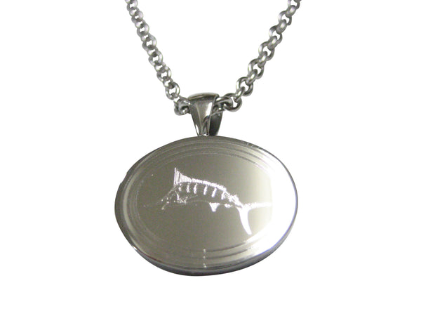 Silver Toned Oval Etched Sailfish Marlin Fish Pendant Necklace