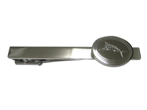 Silver Toned Oval Etched Sailfish Marlin Fish Tie Clip