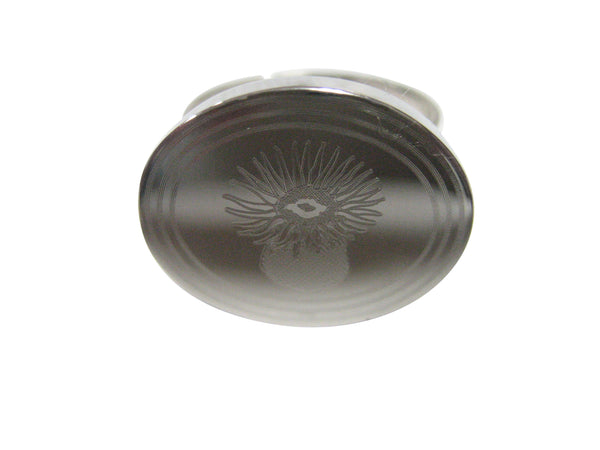Silver Toned Oval Etched Sea Anemone Adjustable Size Fashion Ring