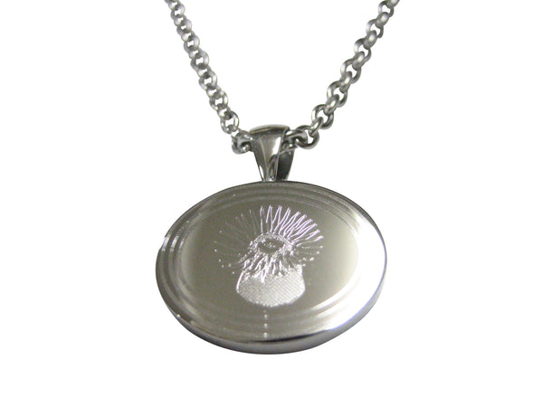 Silver Toned Oval Etched Sea Anemone Pendant Necklace
