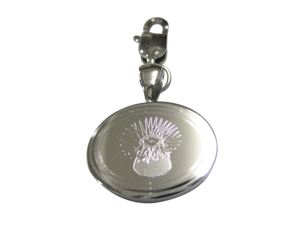 Silver Toned Oval Etched Sea Anemone Pendant Zipper Pull Charm