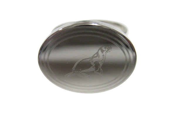 Silver Toned Oval Etched Sea Lion Adjustable Size Fashion Ring