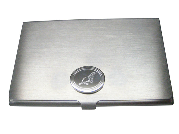Silver Toned Oval Etched Sea Lion Business Card Holder