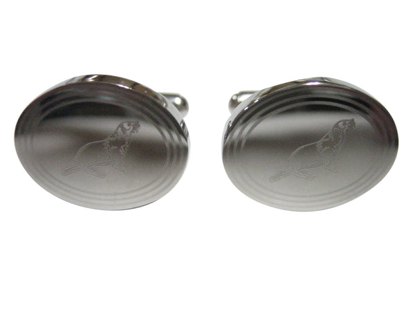 Silver Toned Oval Etched Sea Lion Cufflinks