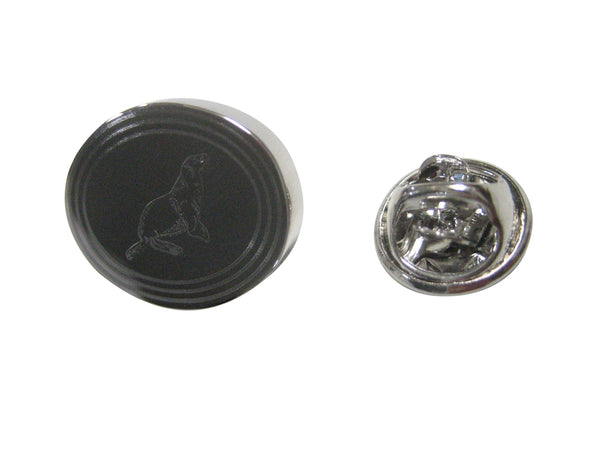 Silver Toned Oval Etched Sea Lion Lapel Pin