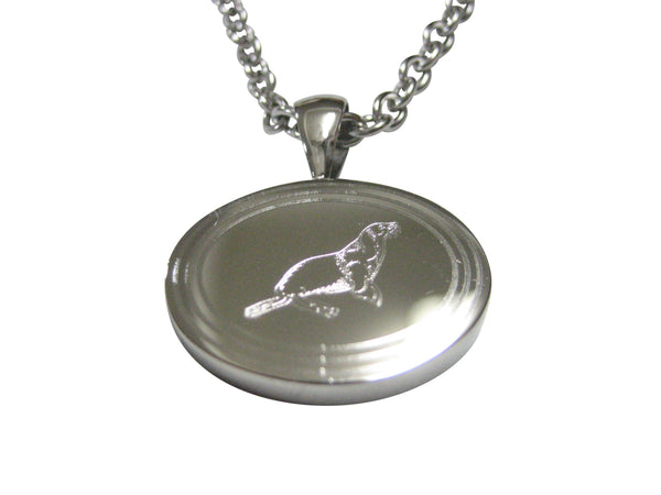 Silver Toned Oval Etched Sea Lion Pendant Necklace