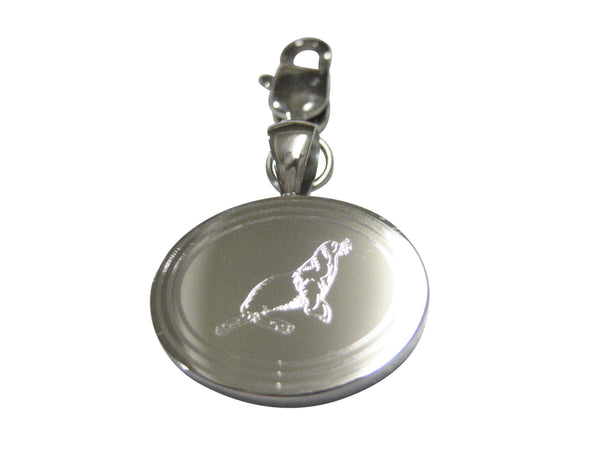 Silver Toned Oval Etched Sea Lion Pendant Zipper Pull Charm