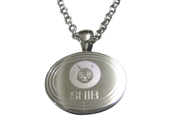Silver Toned Oval Etched Shiba Inu Coin SHIB Cryptocurrency Blockchain Pendant Necklace