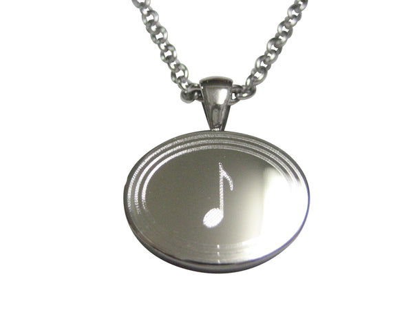 Silver Toned Oval Etched Single Quaver Musical Note Pendant Necklace