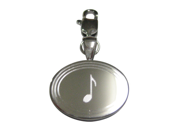 Silver Toned Oval Etched Single Quaver Musical Note Pendant Zipper Pull Charm