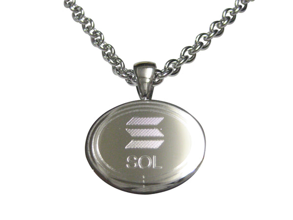 Silver Toned Oval Etched Solana Coin Cryptocurrency Blockchain Pendant Necklace