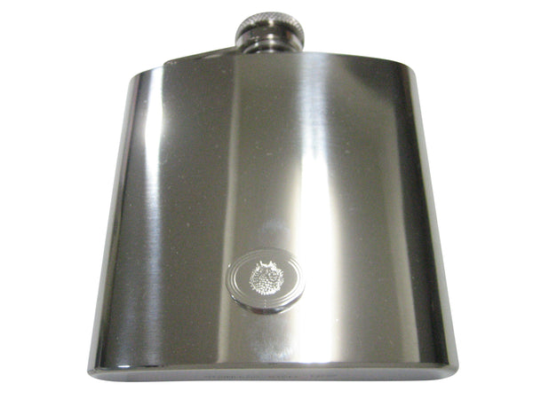 Silver Toned Oval Etched Spikey Puffer Fish Fugu Blowfish 6oz Flask