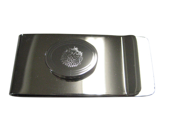 Silver Toned Oval Etched Spikey Puffer Fish Fugu Blowfish Money Clip