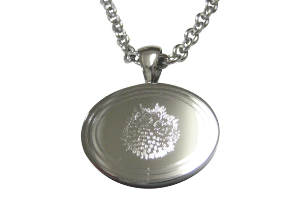 Silver Toned Oval Etched Spikey Puffer Fish Fugu Blowfish Pendant Necklace