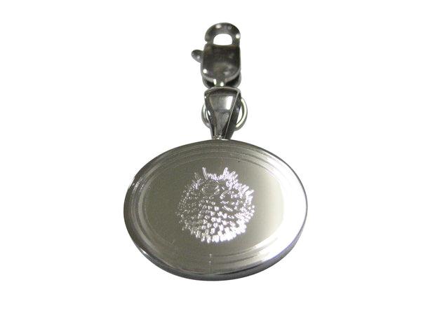 Silver Toned Oval Etched Spikey Puffer Fish Fugu Blowfish Pendant Zipper Pull Charm