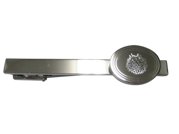 Silver Toned Oval Etched Spikey Puffer Fish Fugu Blowfish Tie Clip