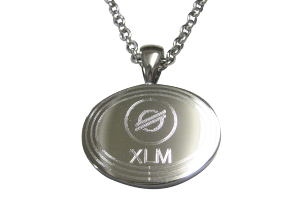 Silver Toned Oval Etched Stellar Lumens Coin XLM Cryptocurrency Blockchain Pendant Necklace