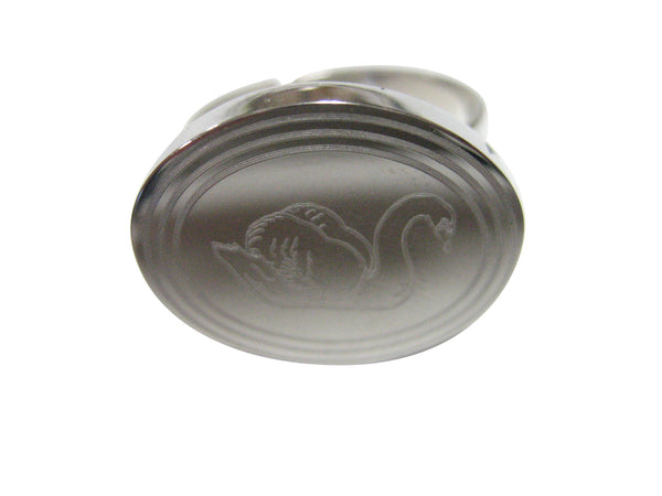 Silver Toned Oval Etched Swan Bird Adjustable Size Fashion Ring