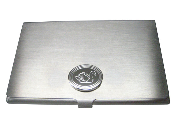 Silver Toned Oval Etched Swan Bird Business Card Holder