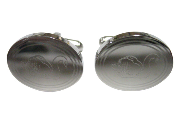 Silver Toned Oval Etched Swan Bird Cufflinks