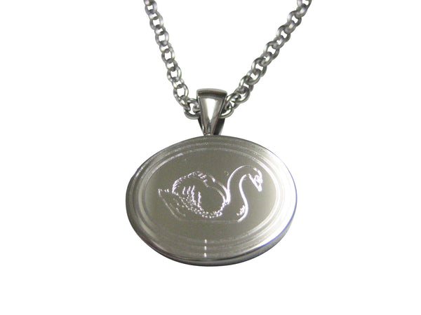 Silver Toned Oval Etched Swan Bird Pendant Necklace