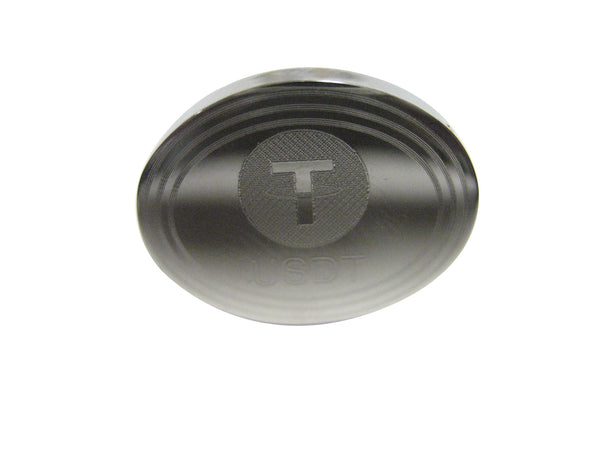 Silver Toned Oval Etched Tether Coin Cryptocurrency Blockchain Adjustable Size Fashion Ring