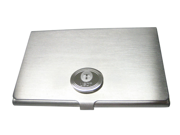 Silver Toned Oval Etched Tether Coin Cryptocurrency Blockchain Business Card Holder