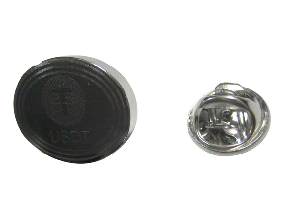 Silver Toned Oval Etched Tether Coin Cryptocurrency Blockchain Lapel Pin