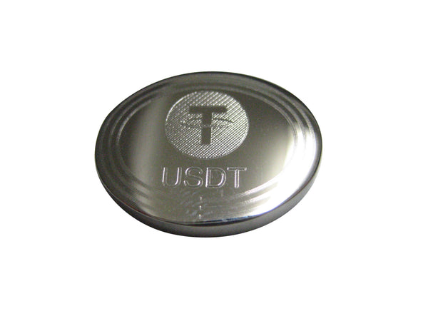 Silver Toned Oval Etched Tether Coin Cryptocurrency Blockchain Magnet
