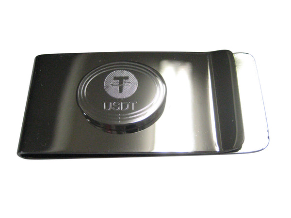 Silver Toned Oval Etched Tether Coin Cryptocurrency Blockchain Money Clip