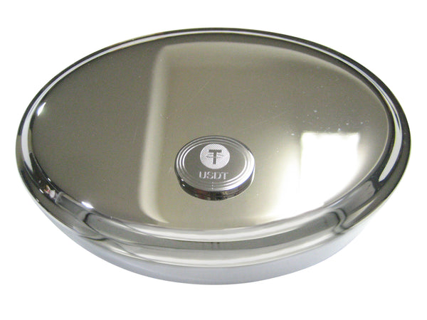 Silver Toned Oval Etched Tether Coin Cryptocurrency Blockchain Oval Trinket Jewelry Box